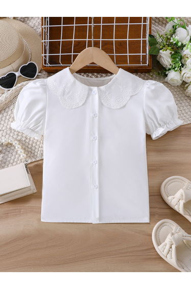 Girls White Peter Pan Collar Puff Sleeve Shirt