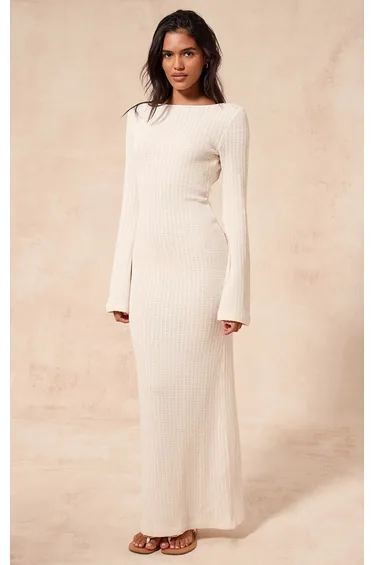 Cream Textured Boat Neck Backless Long Sleeve Maxi Dress