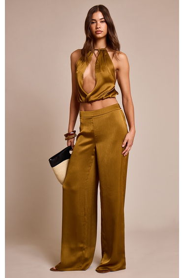 Dark Chartreuse Crinkle Satin High Neck Plunge Cowl Sleeveless Top