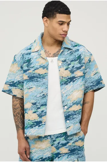 Oversized Boxy Abstract Camo Tapestry Shirt - blue