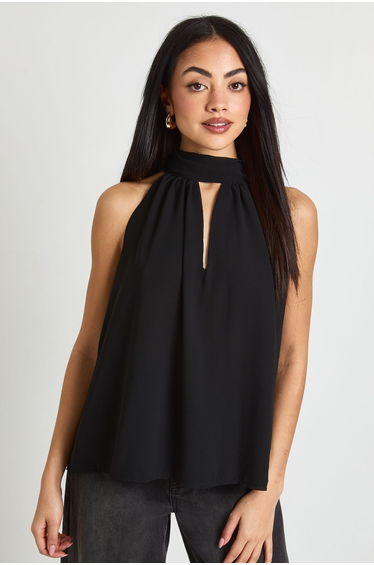 Chiffon High Neck Keyhole Blouse - black