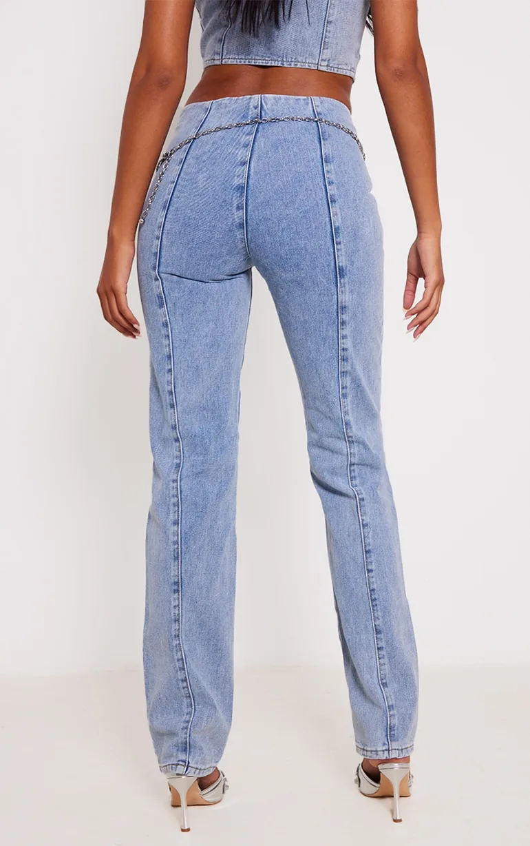 Tall Light Blue Wash Zip Detail Straight Leg Jeans - 2
