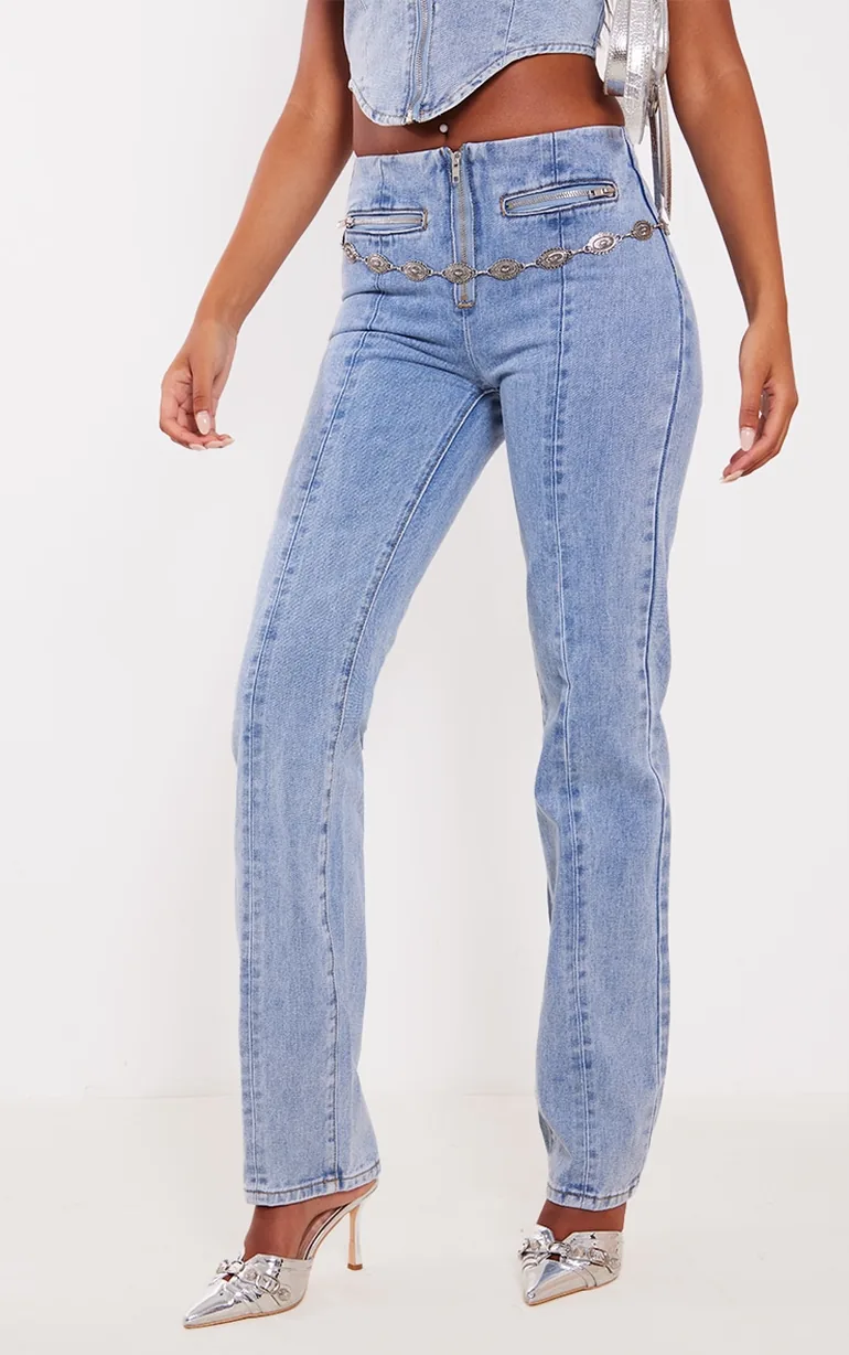 Tall Light Blue Wash Zip Detail Straight Leg Jeans - 1