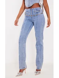 Tall Light Blue Wash Zip Detail Straight Leg Jeans - 1