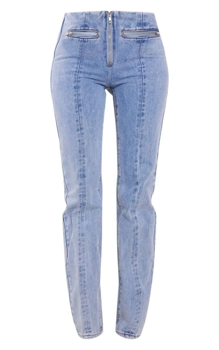 Tall Light Blue Wash Zip Detail Straight Leg Jeans - 4