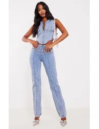 Tall Light Blue Wash Zip Detail Straight Leg Jeans