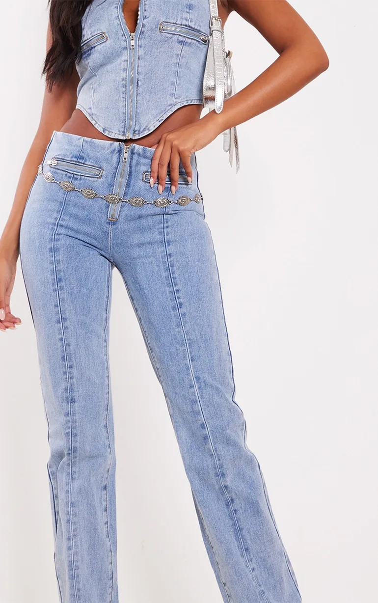 Tall Light Blue Wash Zip Detail Straight Leg Jeans - 3