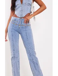 Tall Light Blue Wash Zip Detail Straight Leg Jeans - 3