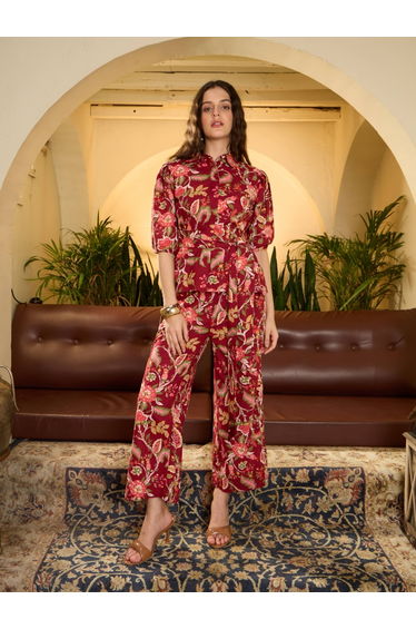 Red Floral Print Pure Cotton Shirt with Trousers Co-Ords