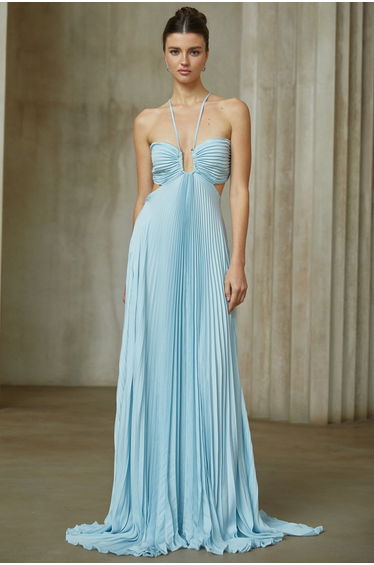 Andréa Blue Pleated Maxi Dress with Cutout Detail