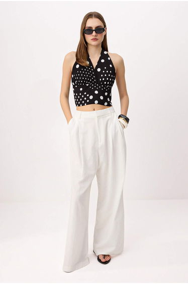 Black Polka Dot Crop Halter Neck Blouse