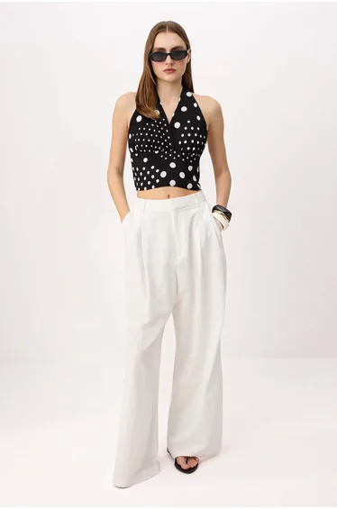 Black Polka Dot Crop Halter Neck Blouse