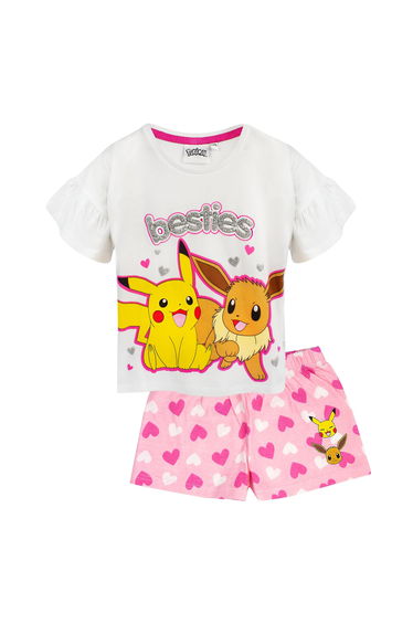 Pokemon Girls Besties Pikachu & Eevee Frill Short Pyjama Set - White/Pink/Yellow
