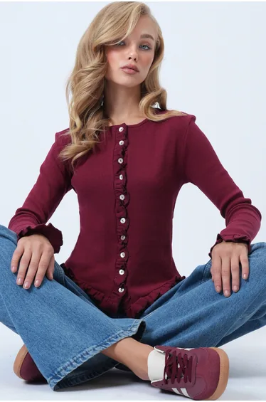 Women's Burgundy Crew Neck Ruffle Detailed Front Buttoned Knitted