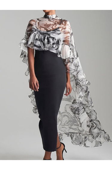 High-Low Loose Floral Flower Print Pleated See-Through Split-Joint Sun Protection Stand Collar Blouses&Shirts Tops