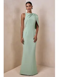 فستان ماكسي بياقة غير متناظرة بأكمام كاب - أخضر