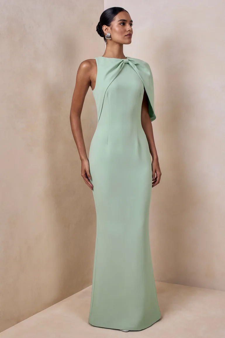 فستان ماكسي بياقة غير متناظرة بأكمام كاب - أخضر - 3