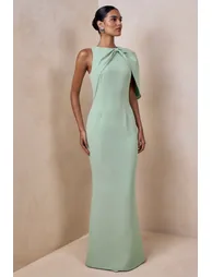 فستان ماكسي بياقة غير متناظرة بأكمام كاب - أخضر - 3