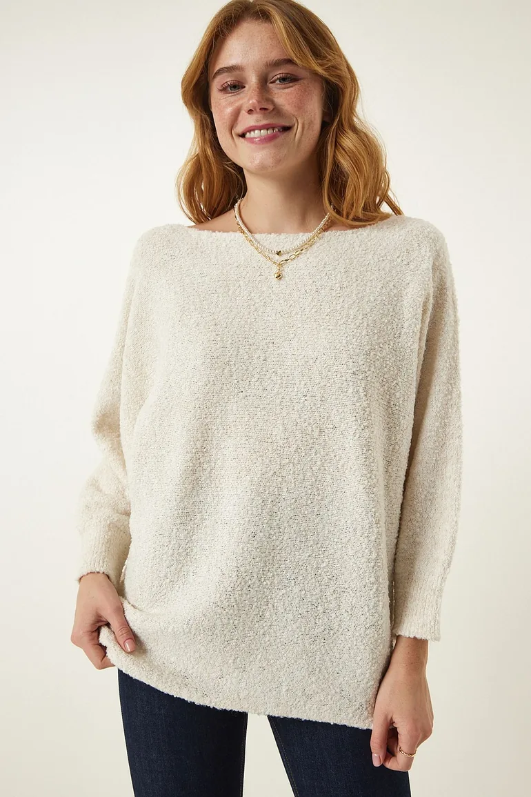 Cream Boat Neck Seasonal Oversize Knitwear Sweater - 3