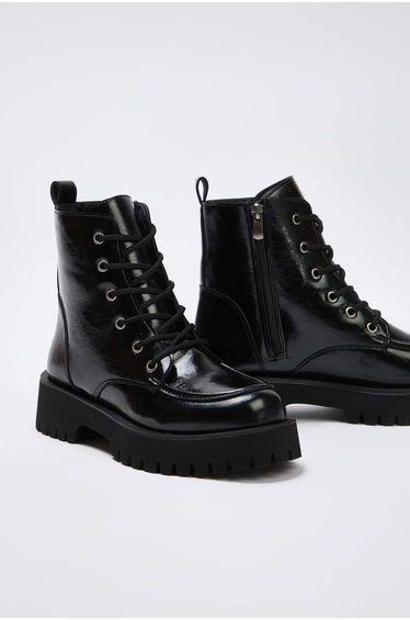 Black thick flat sole lace-up women's postal boots product thumbnail 3