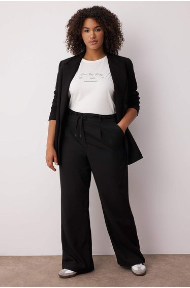 Black Elastic Waist Woven Plus Size Trousers