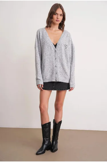 Mixray Oversized Ribbed Knit Cardigan with V-neck and Button Closure