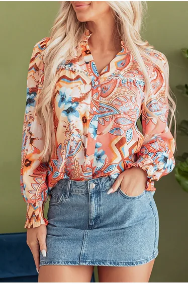 Lvness Orange Floral Print Shirred Cuff Buttoned Loose Shirt