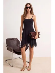 Black A-Line /Bell Form Square Neck Sleeveless Lace Detailed Mini Stretchy Knitted Dress