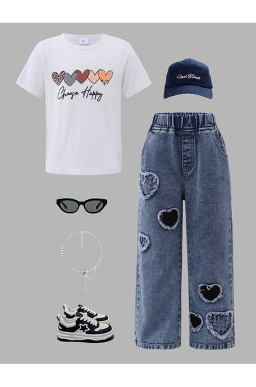 Girls Heart Print T-Shirt and Jeans Set