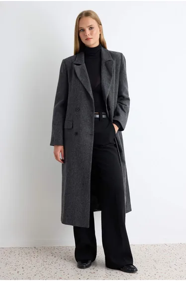 Coat - Black - Double-breasted