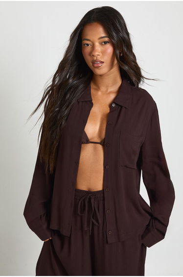 Essentials Oversized Linen Look Shirt - chocolate