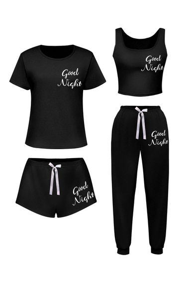 Pack of 4 - Slogan Text Print T-Shirt, Cami, Shorts and Pyjama Set