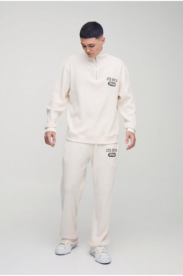 Oversized Funnel Neck and Relaxed Jogger Waffle Jacquard Tracksuit - ecru