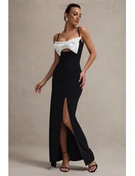 فستان ماكسي بفيونكة بحمالات رفيعة بفتحة - أبيض - أسود - 2