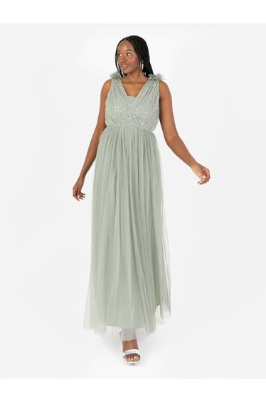Anaya With Love Recycled Frosty Green Ruffle Shoulder Maxi Dress with Sequin Detail