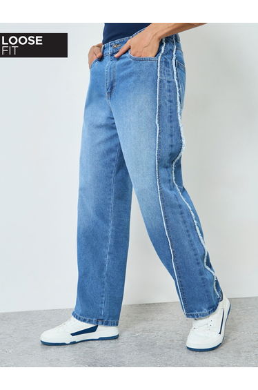 Men Loose Fit Faded Jeans with Side Panel Detail