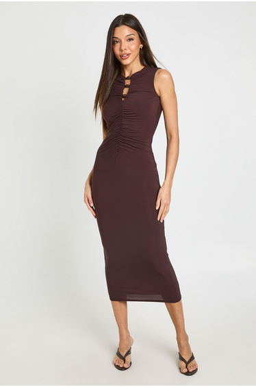 Double Layer Slinky Beaded Cut Out Detail Ruched Midaxi Dress - chocolate