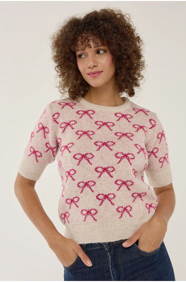 Bow Patterned Short Sleeve Sweater