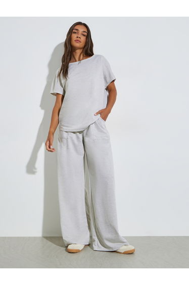 Grey Solid Oversize Top and Wide Leg Joggers Co-Ors