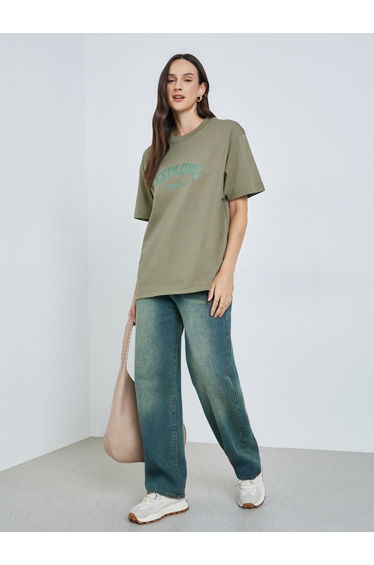 women's oversize cotton text print short sleeve round neck T-shirt