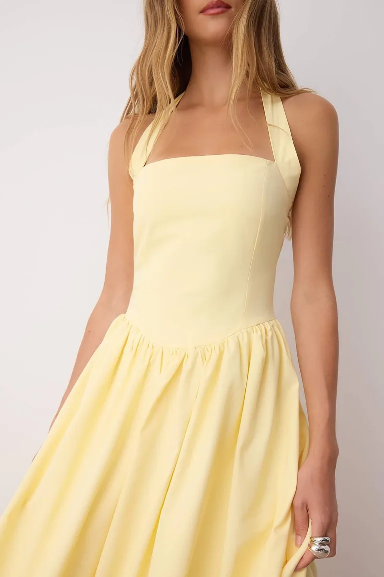 Yellow Halter Neck Wide Poplin Maxi Woven Dress - 3
