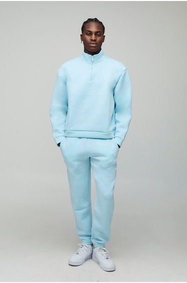 Oversized Boxy Quarter Zip Bonded Scuba Tracksuit - light blue
