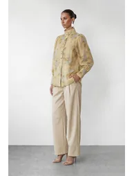 سانفير بلوزة شيفون بيج بطبعة أزهار بأكمام طويلة