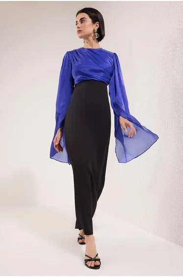 Navy Blue Glitter Color Block Special Day Woven Evening Dress