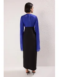 Navy Blue Glitter Color Block Special Day Woven Evening Dress - 3