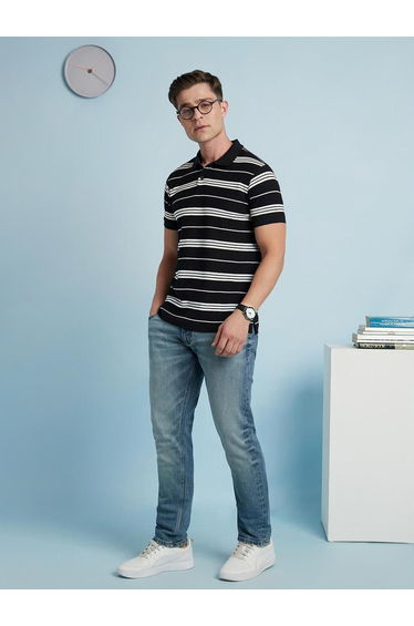 Men Black Regular Fit Striped Polo
