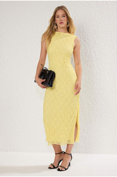 Limited Edition Light Yellow Lace Bodycon Back Low-Cut Stretchy Knitted Dress
