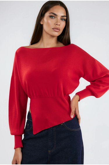 Mercerized Look Boat Neck Knit Sweater with Slit Detail