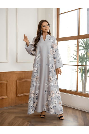 Floral Print Embellished Faux Pearl Detail Jalabiya
