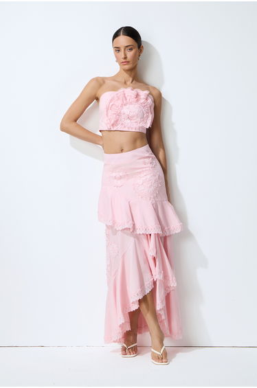 Always Lovely Pink Ruffled Lace Crop Top & Tiered Skirt Set